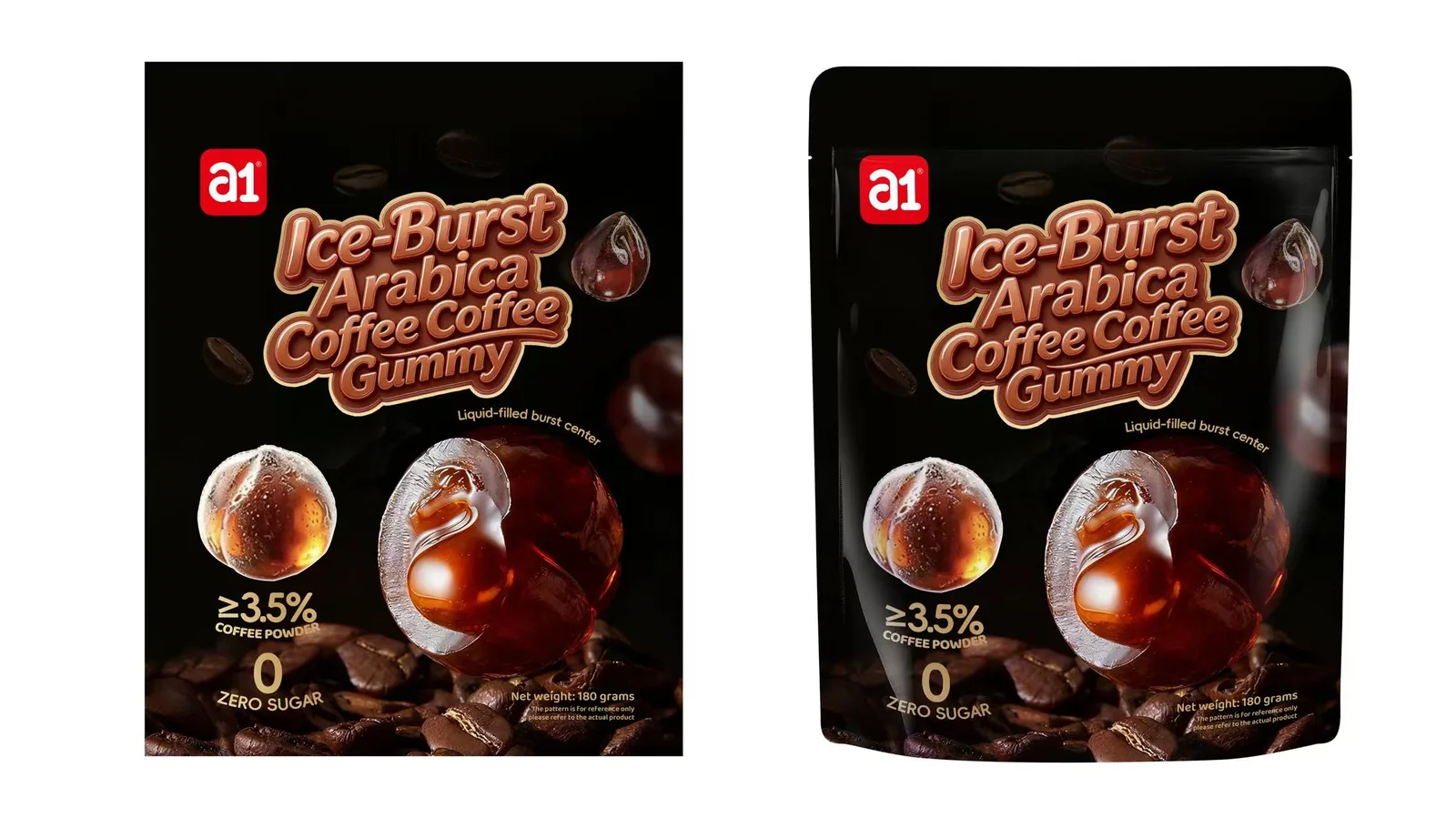 a1 Ice-Burst Arabica Coffee Coffee Gummy — تصميم تغليف تحميص داكن بحبوب البن وقلب سائل منفجر
