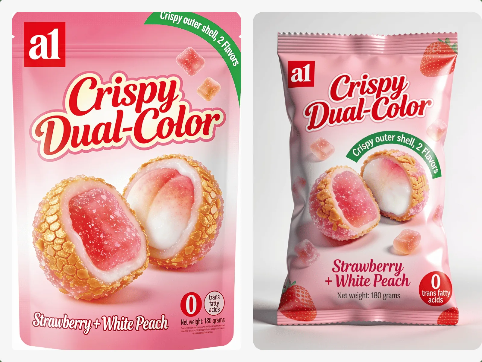 عبوة حلوى a1 4D Crispy Dual-Color بنكهة الفراولة والخوخ الأبيض