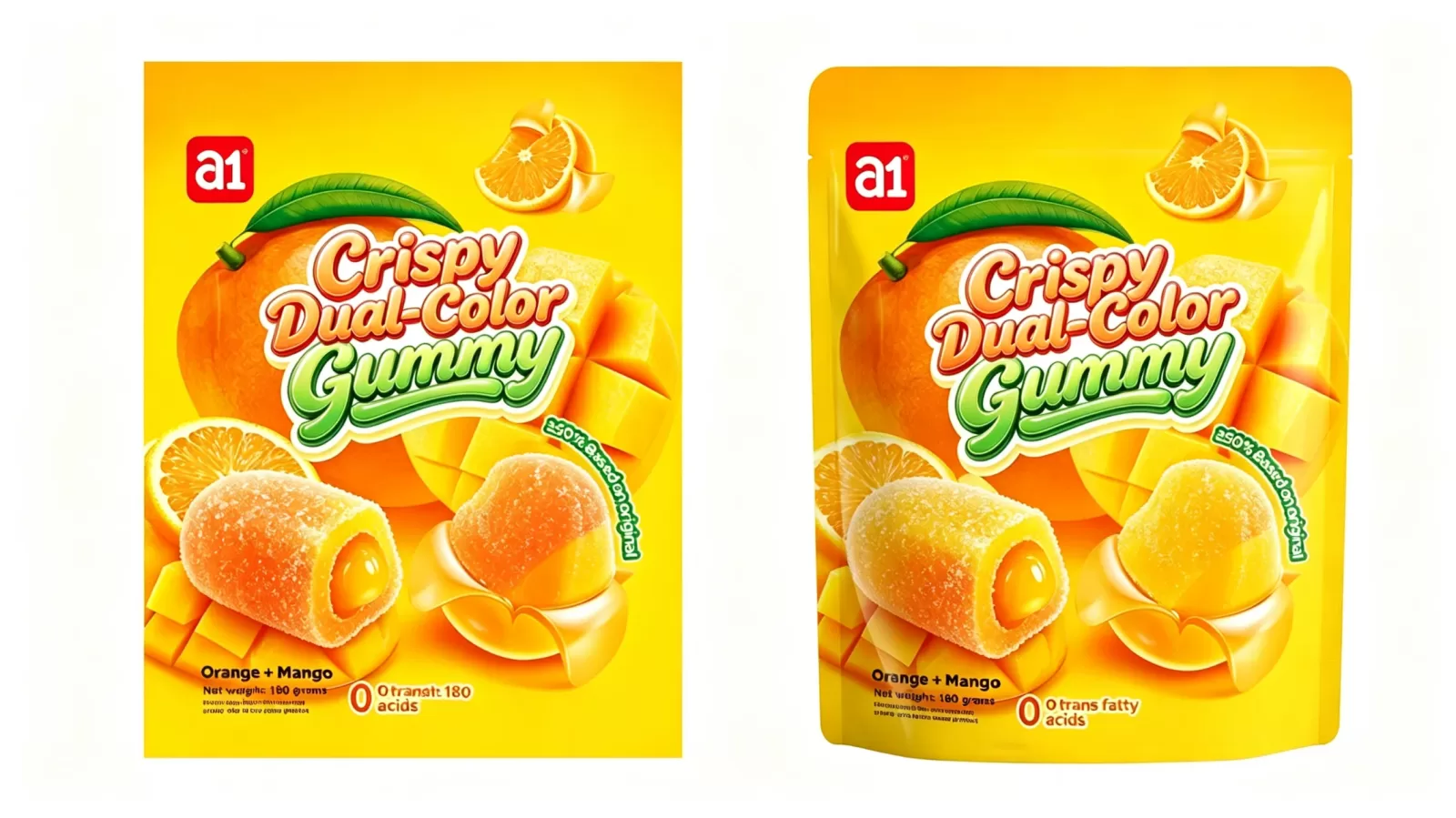 حلوى a1 4D Crispy Dual-Color برتقال مانجو، تغليف بالإنجليزية