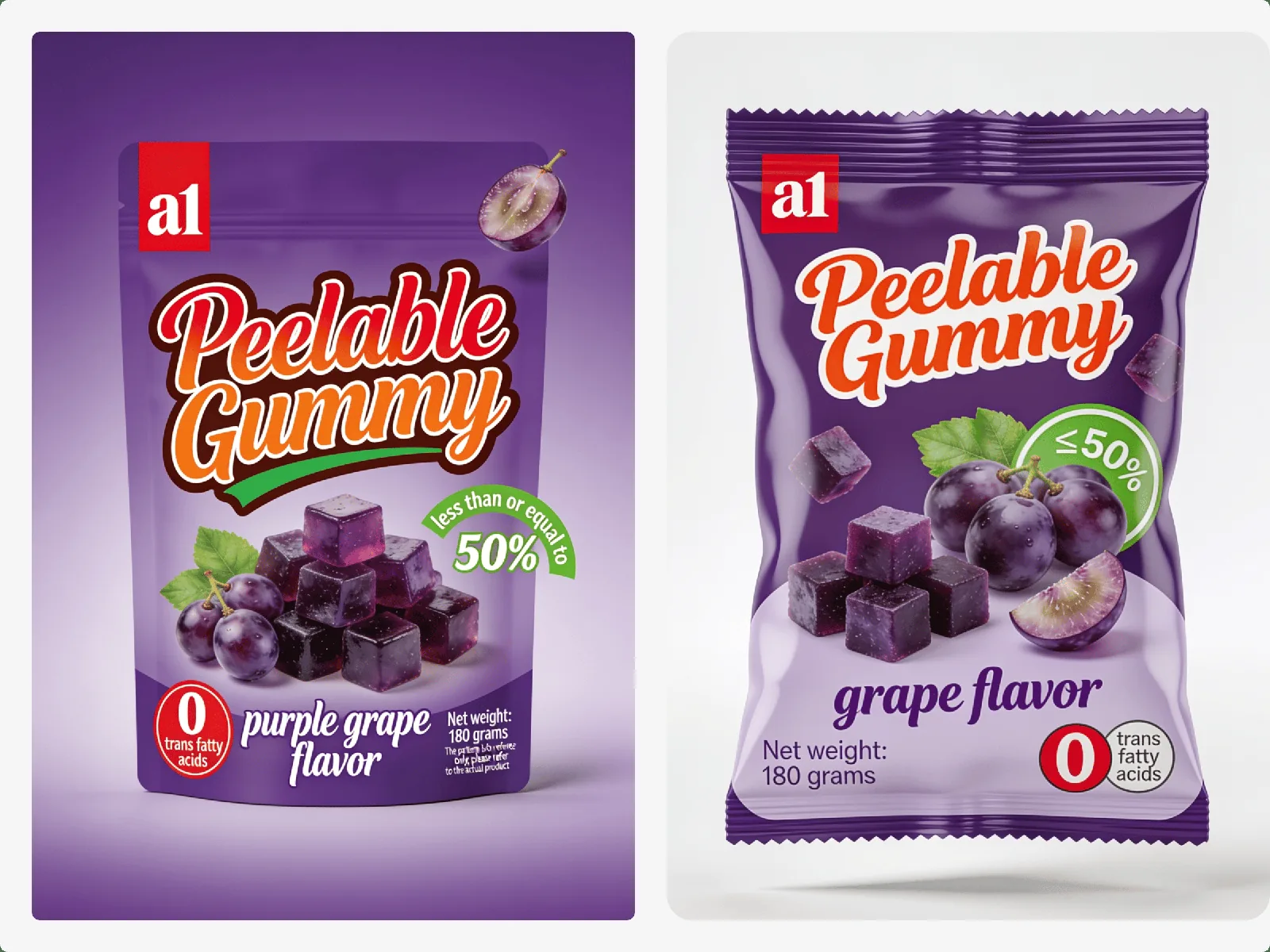 a1 Peelable Gummy بنكهة العنب الأرجواني — تموضع بعصير حقيقي في كيس واقف