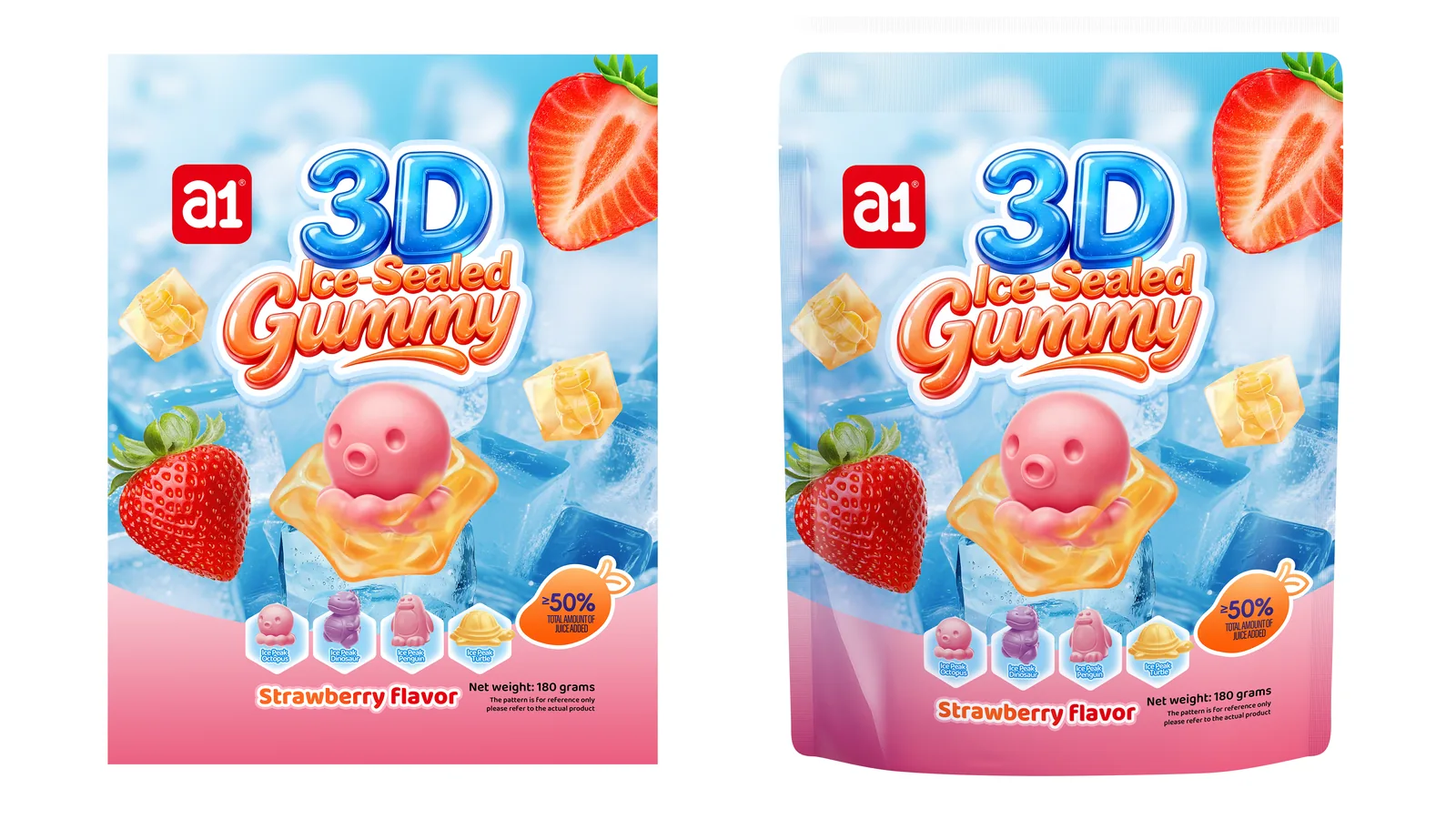 كيس a1 3D Ice-Sealed Gummy بنكهة الفراولة — صيغة حيوان مختوم مقاومة للحرارة لترانزيت مداري
